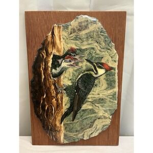 Vintage Hand-Painted Woodpecker Stone‎ Plaque by Ramon – Mexico Wildlife Art